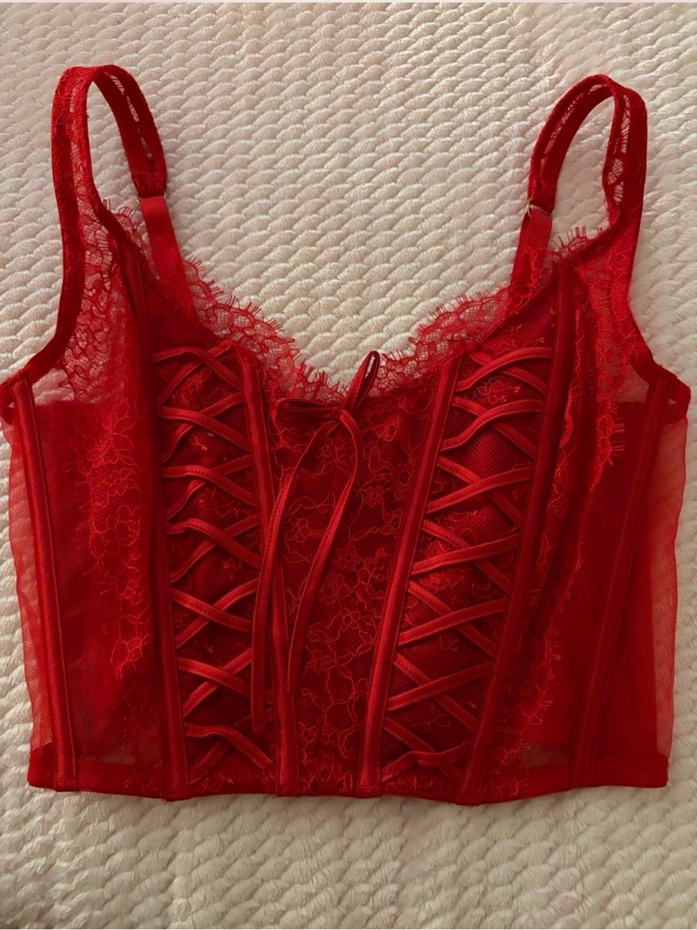 Red Lace Bustier Crop Top - Women